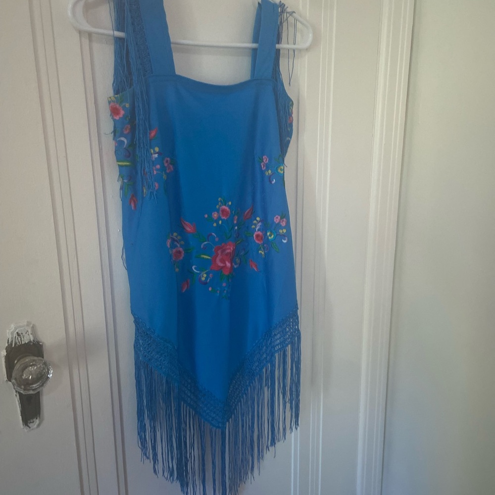 Blue Floral Fringe Flamenco manton style top